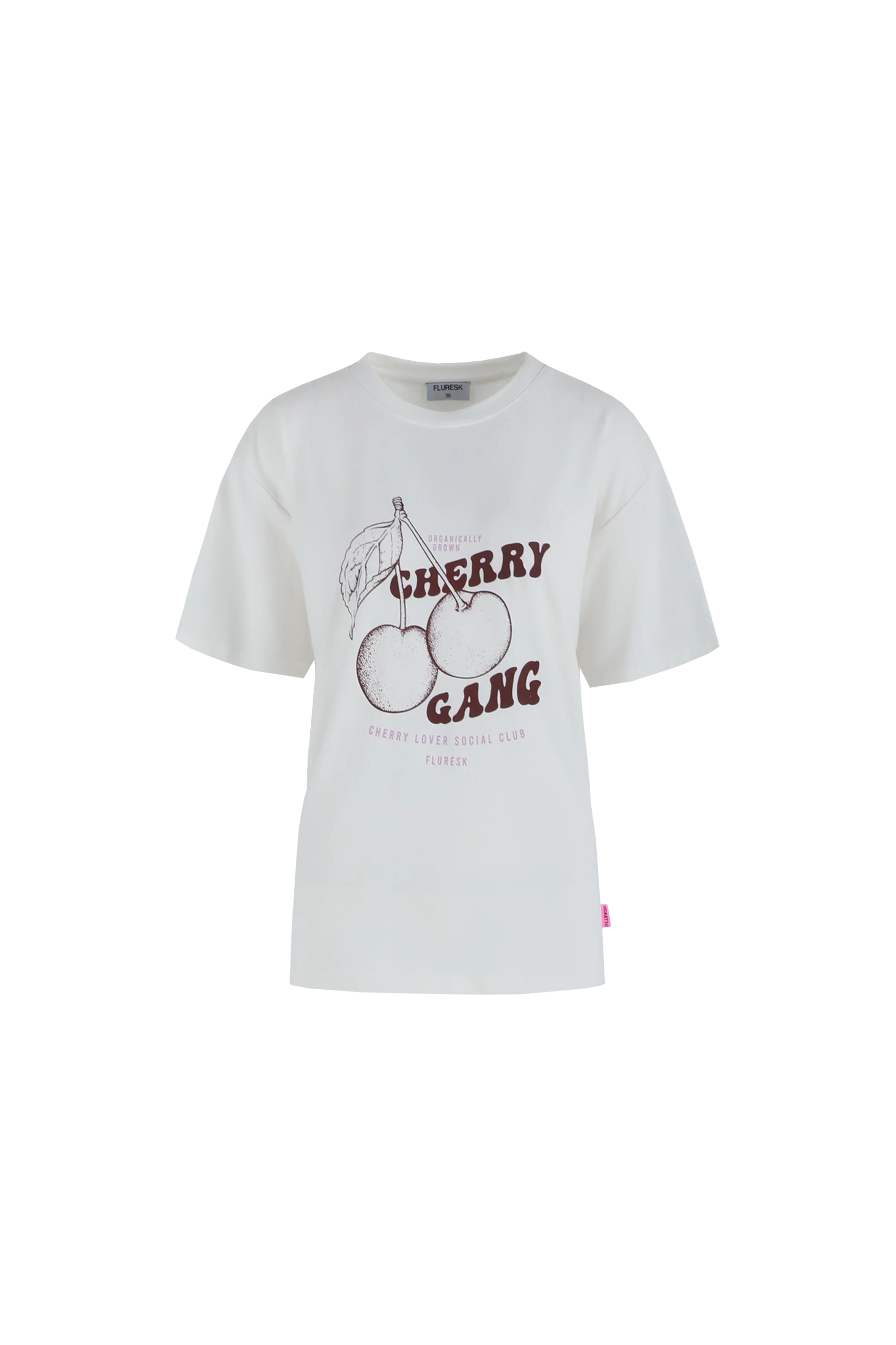 Fluresk t-shirt wit met rode cherry print er op met de tekst cherry gang