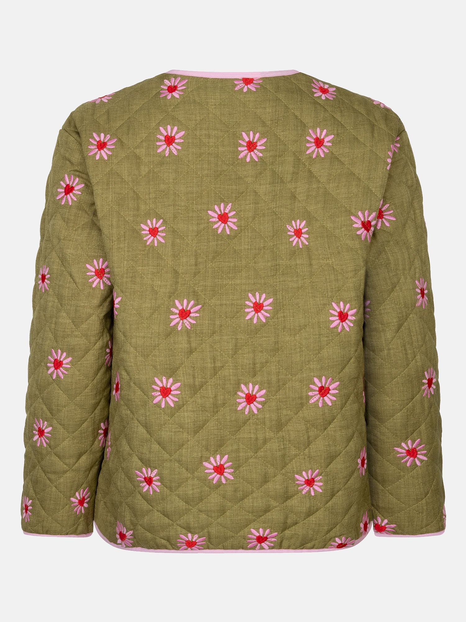Productfoto van de achterkant van het robylin jacket van ydence in een groene kleur met rode en roze hartjes.