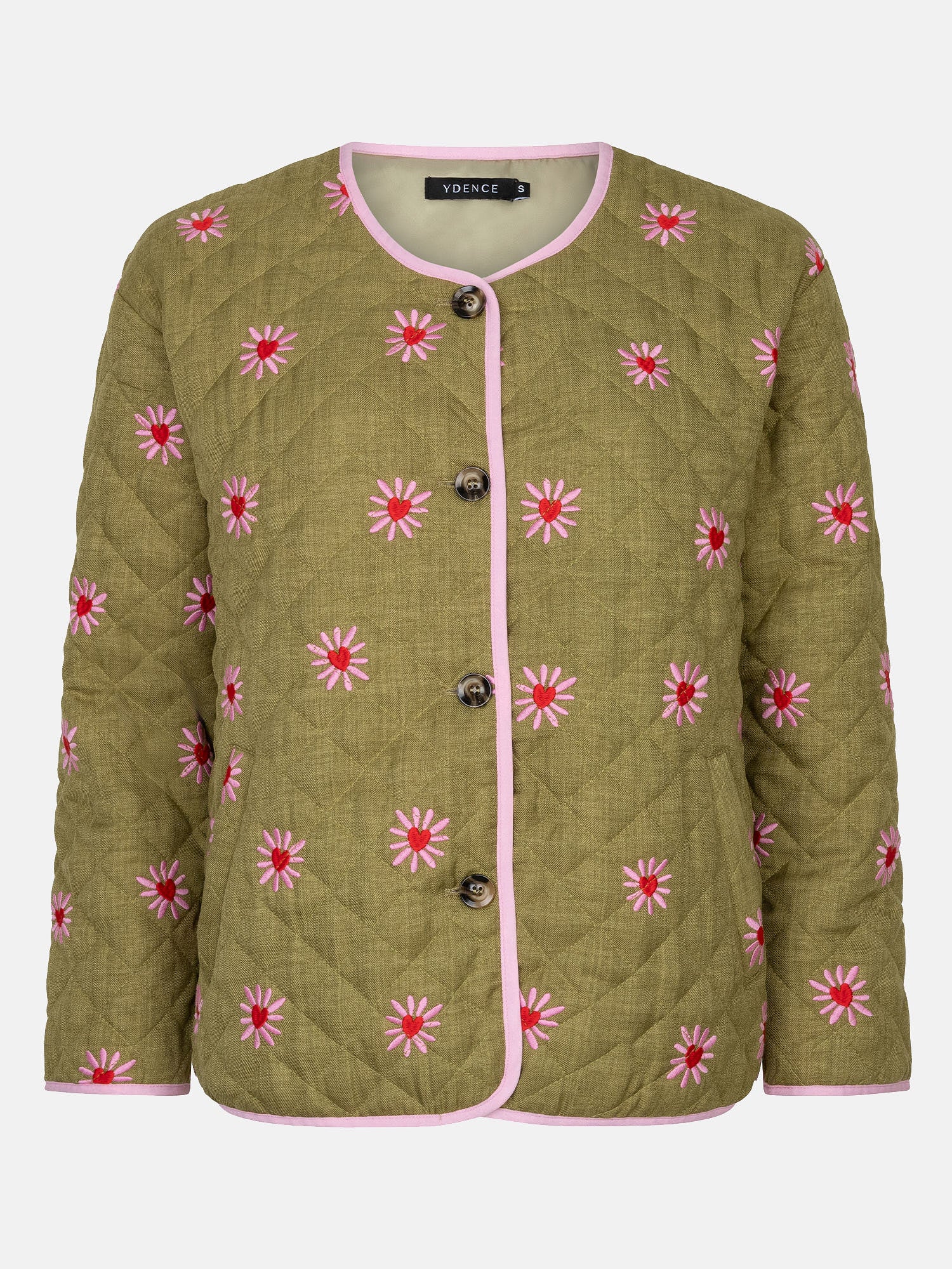 Productfoto van het robylin jacket van ydence in een groene kleur met rode en roze hartjes.