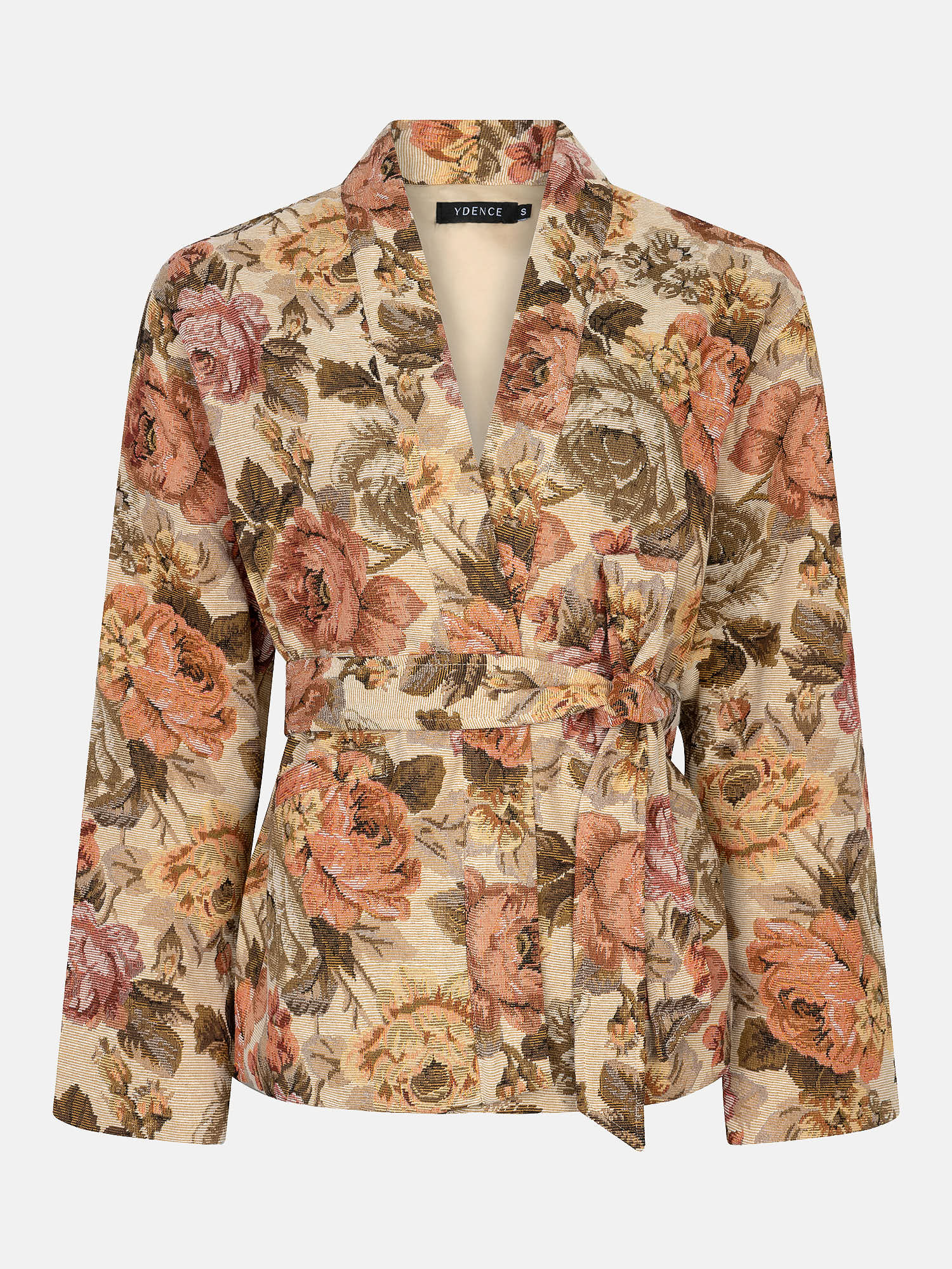 Productfot van de voorkant van de Ydence kimono penny met strikceintuur en bloemenprint.