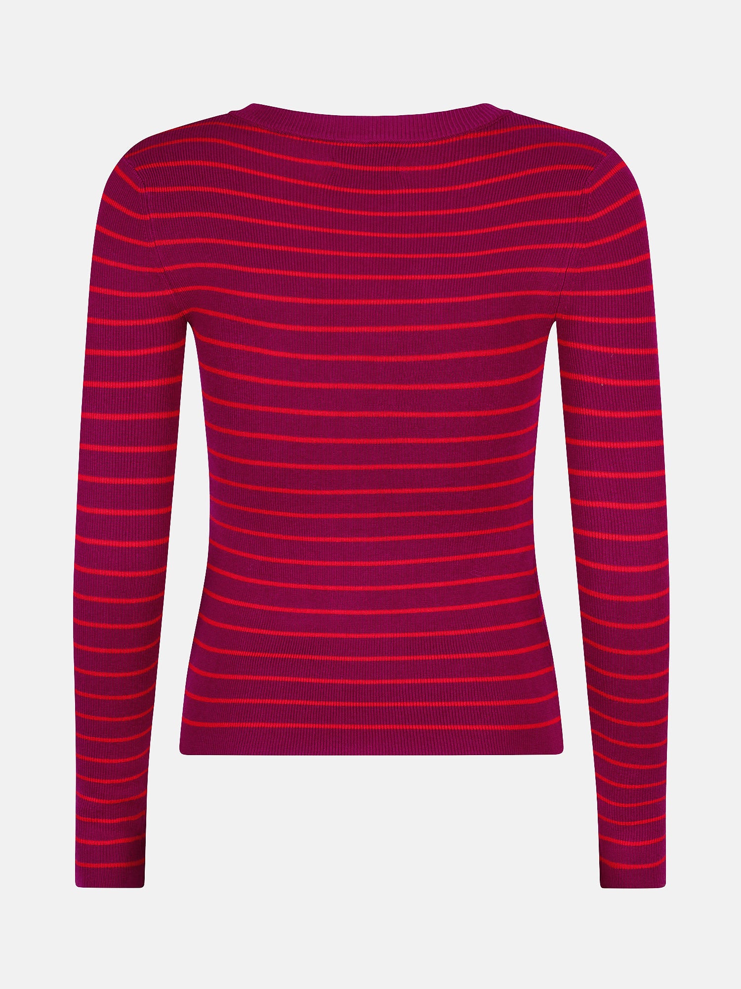 Productfoto van de achterkant van de knitted devina top van ydence, fuchsia en rood gestreept.