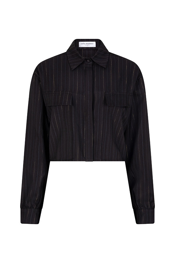 productfoto van de viola blouse van lofty manner in zwart met gouden krijtstreep.