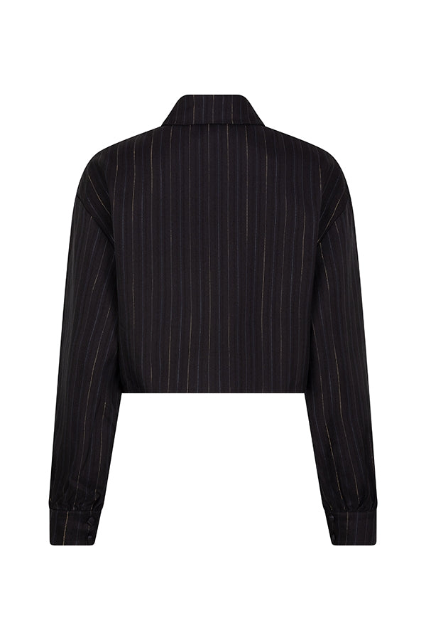 productfoto van de viola blouse van lofty manner in zwart met gouden krijtstreep.