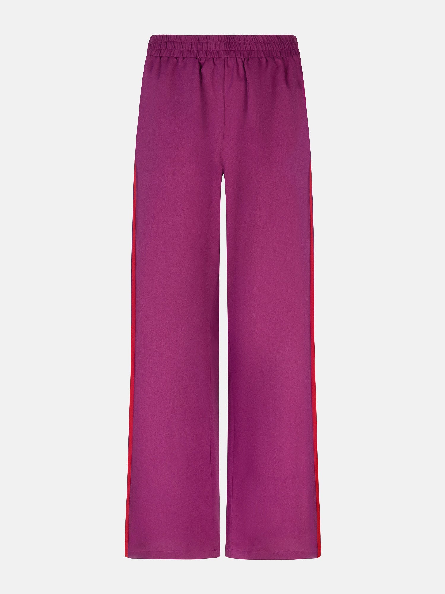 Productfoto van de voorkant van de zizi pants van ydence in fachsia met rode streep aan de zijkant.