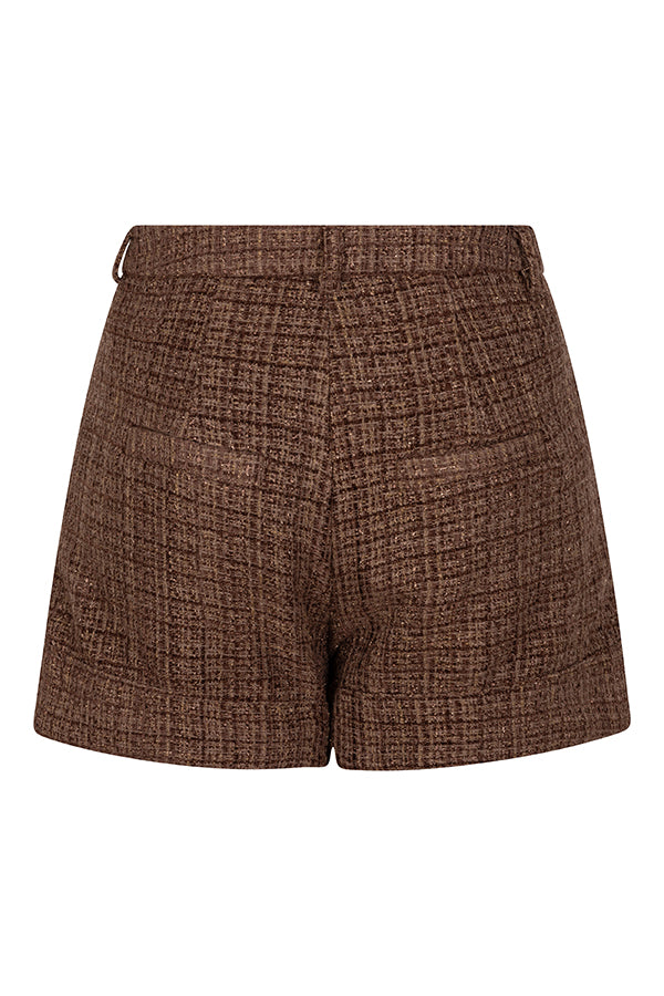 Close up van de achterkant van de aziza short met tweed in een bruine kleur.