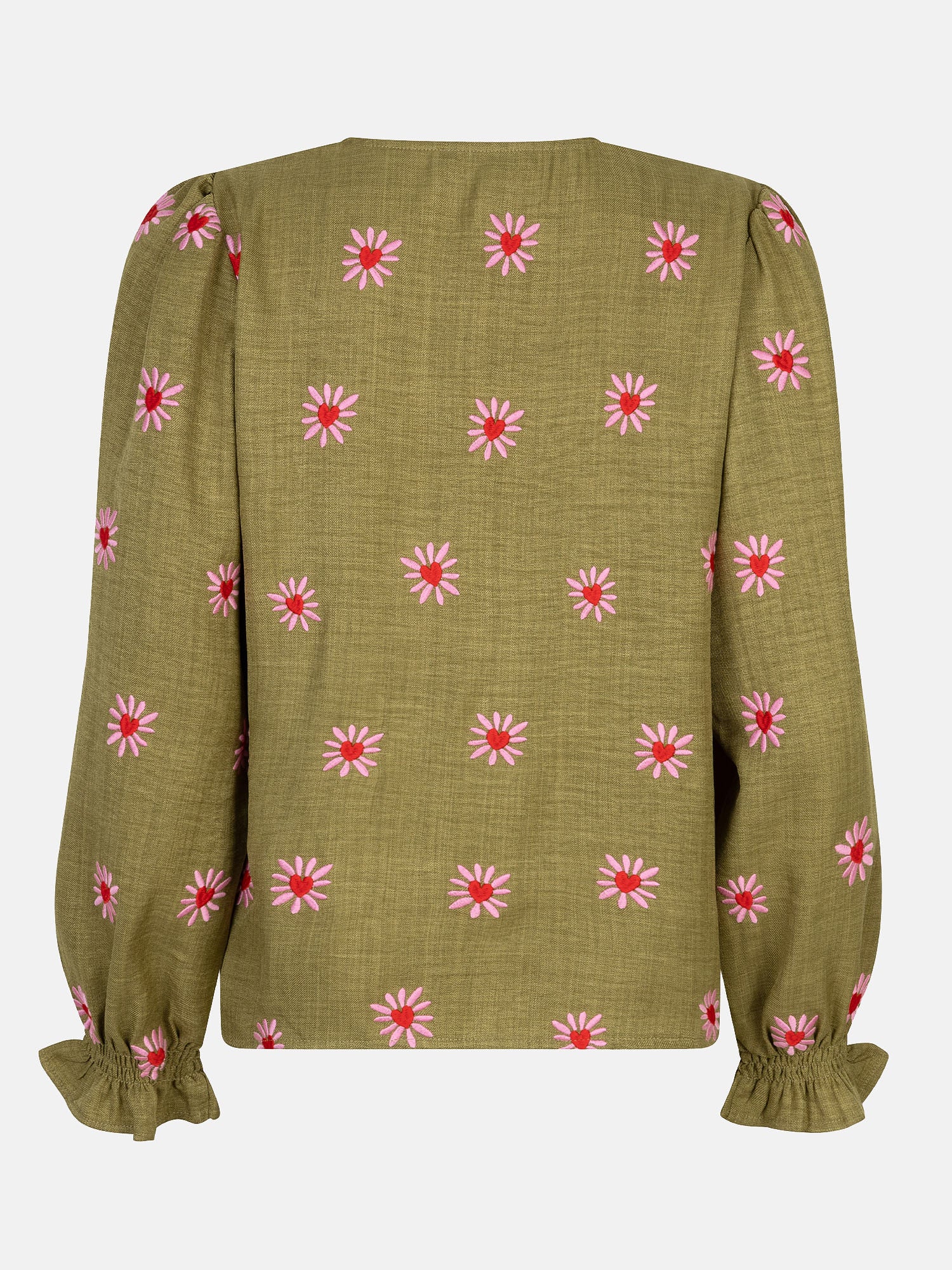 Productfoto van de achterkant van de ydence philou blouse in groene kleur met bloemen borduursel.