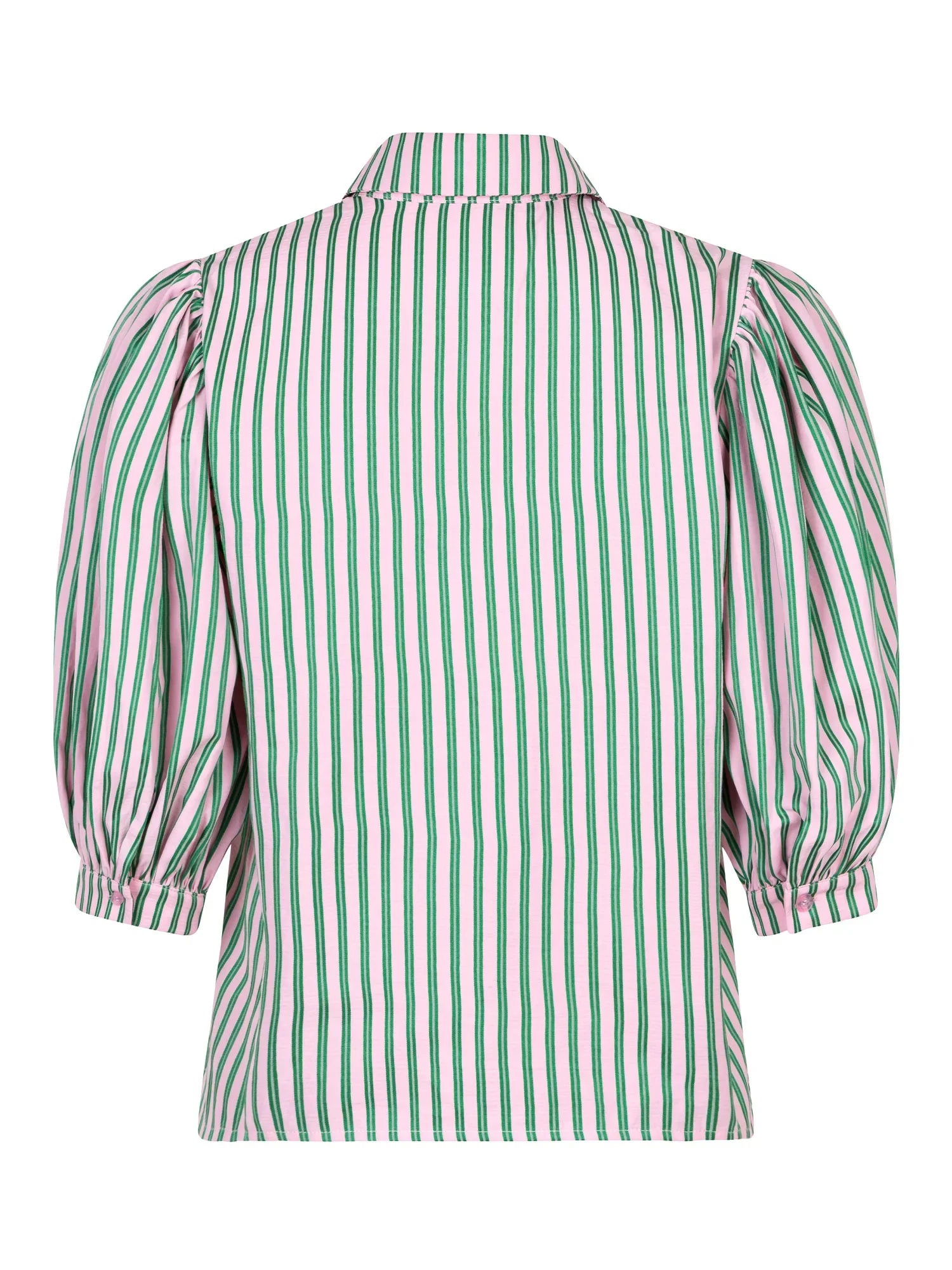 Achteraanzicht van de Ydence Annie blouse met pofmouwen en roze-groene strepen – casual en opvallend design.
