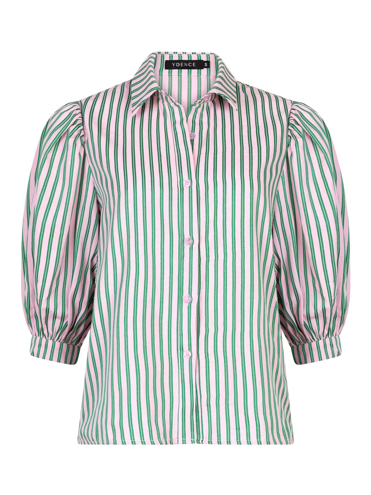 Ydence Annie blouse met roze-groene verticale strepen, pofmouwen en knoopsluiting – zomerse damesblouse.
