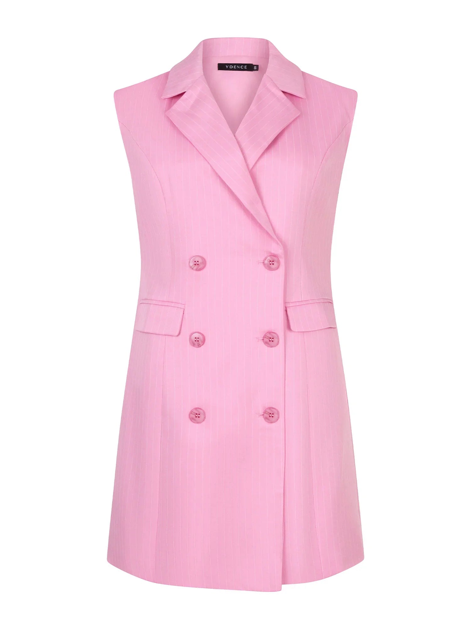 Roze mouwloze blazerdress van Ydence met double-breasted knopen en reverskraag – stijlvolle zomerjurk in pastelroze.