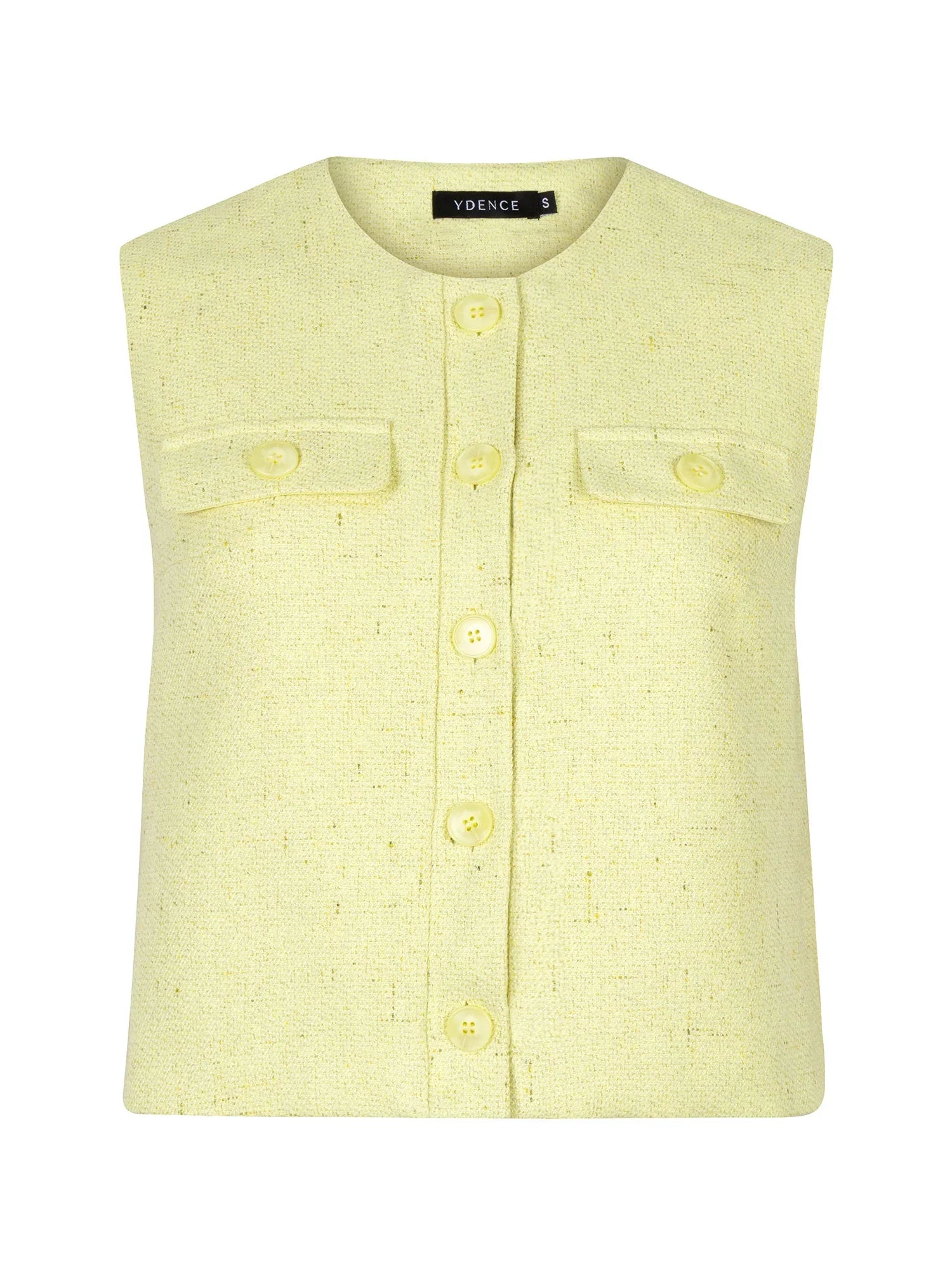 Botergeel mouwloos Amanda gilet van Ydence met knoopsluiting en borstzakken, vrouwelijke en elegante zomerlook.