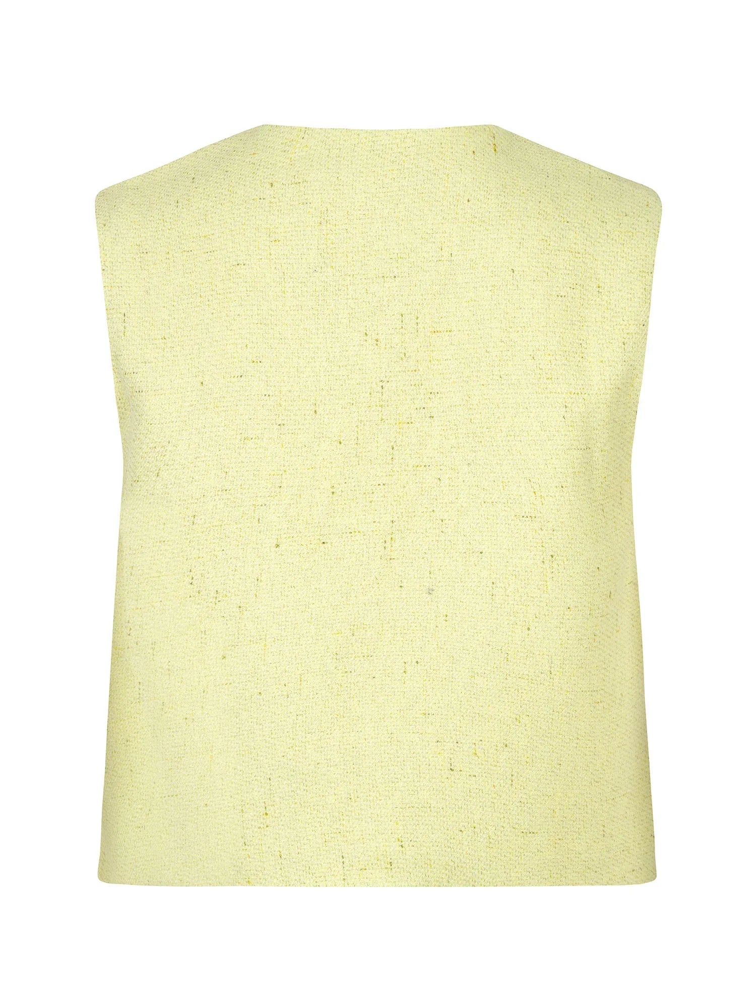 Achteraanzicht van het Amanda gilet van Ydence in zachte gele bouclé, clean design met rechte pasvorm.
