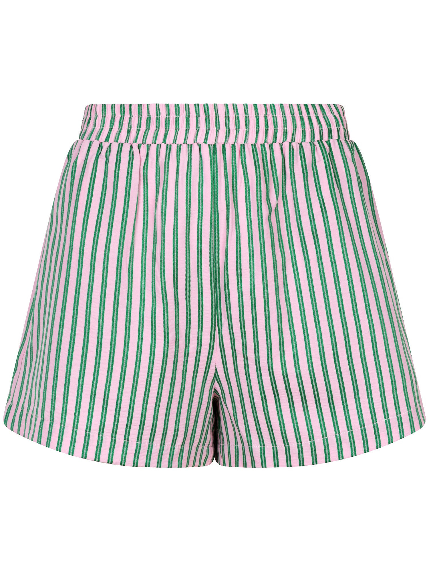 Ydence Belle short met verticale roze en groene strepen en elastische taille – zomerse A-lijn pasvorm.