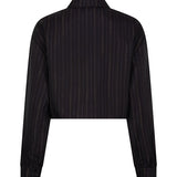productfoto van de viola blouse van lofty manner in zwart met gouden krijtstreep.