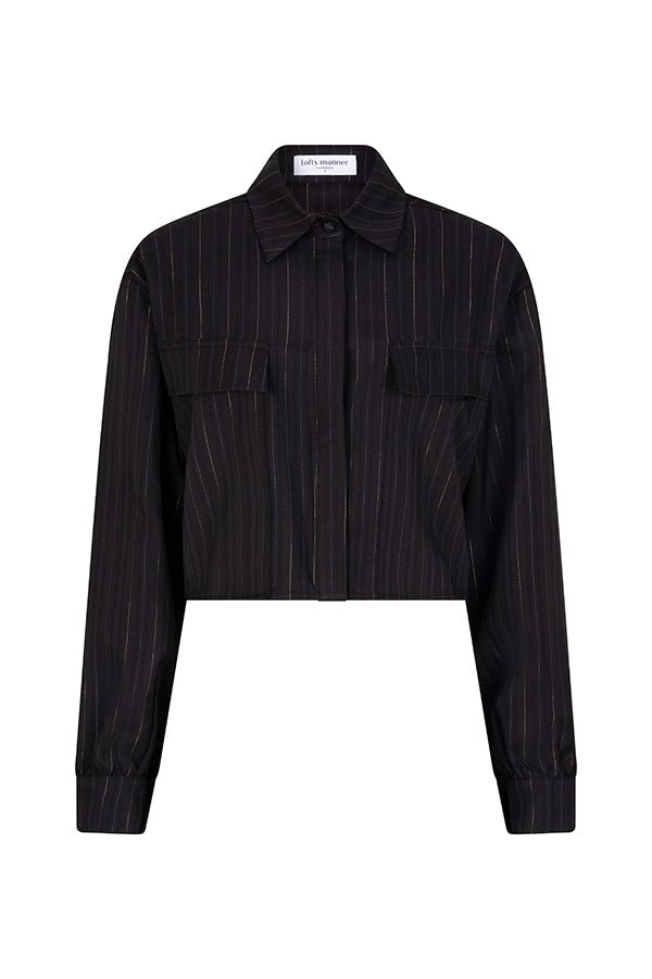 productfoto van de viola blouse van lofty manner in zwart met gouden krijtstreep.