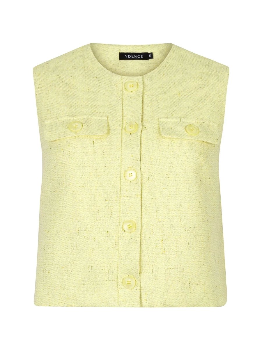 Botergeel mouwloos Amanda gilet van Ydence met knoopsluiting en borstzakken, vrouwelijke en elegante zomerlook.