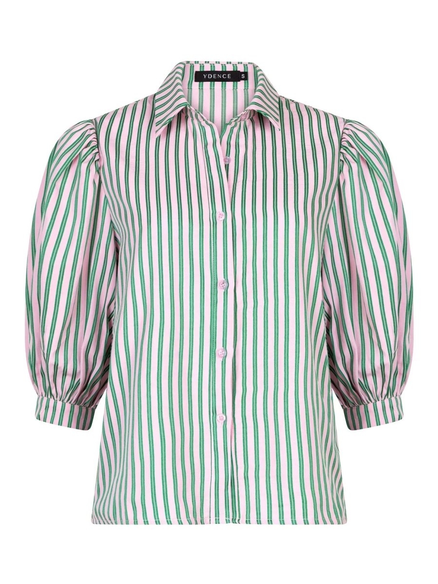 Ydence Annie blouse met roze-groene verticale strepen, pofmouwen en knoopsluiting – zomerse damesblouse.