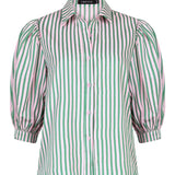 Ydence Annie blouse met roze-groene verticale strepen, pofmouwen en knoopsluiting – zomerse damesblouse.