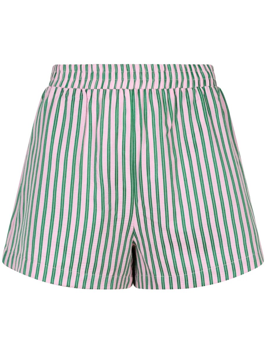 Ydence Belle short met verticale roze en groene strepen en elastische taille – zomerse A-lijn pasvorm.