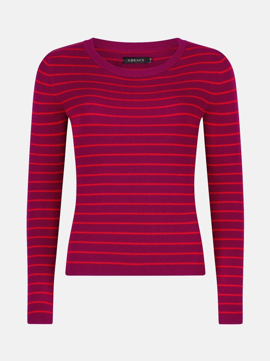 productfoto van de devina knitted top van ydence, fuchsia en rood gestreept.