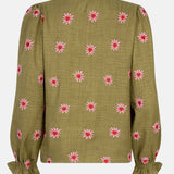 Productfoto van de achterkant van de ydence philou blouse in groene kleur met bloemen borduursel.