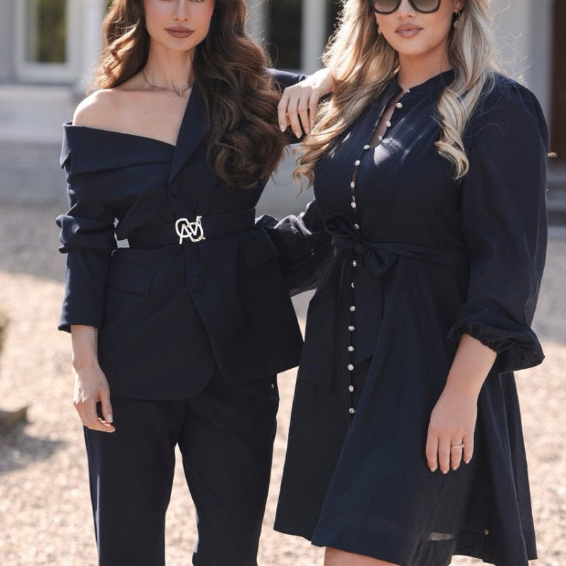 Zakelijke outfits in Diep nachtblauw, blazer en pantalon set met getailleerd