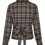 Achterkant van een blouse in bruin-blauwe ruit, vrijstaand gefotografeerd op een witte achtergrond | Ydence Tamila | Jo&Co Club