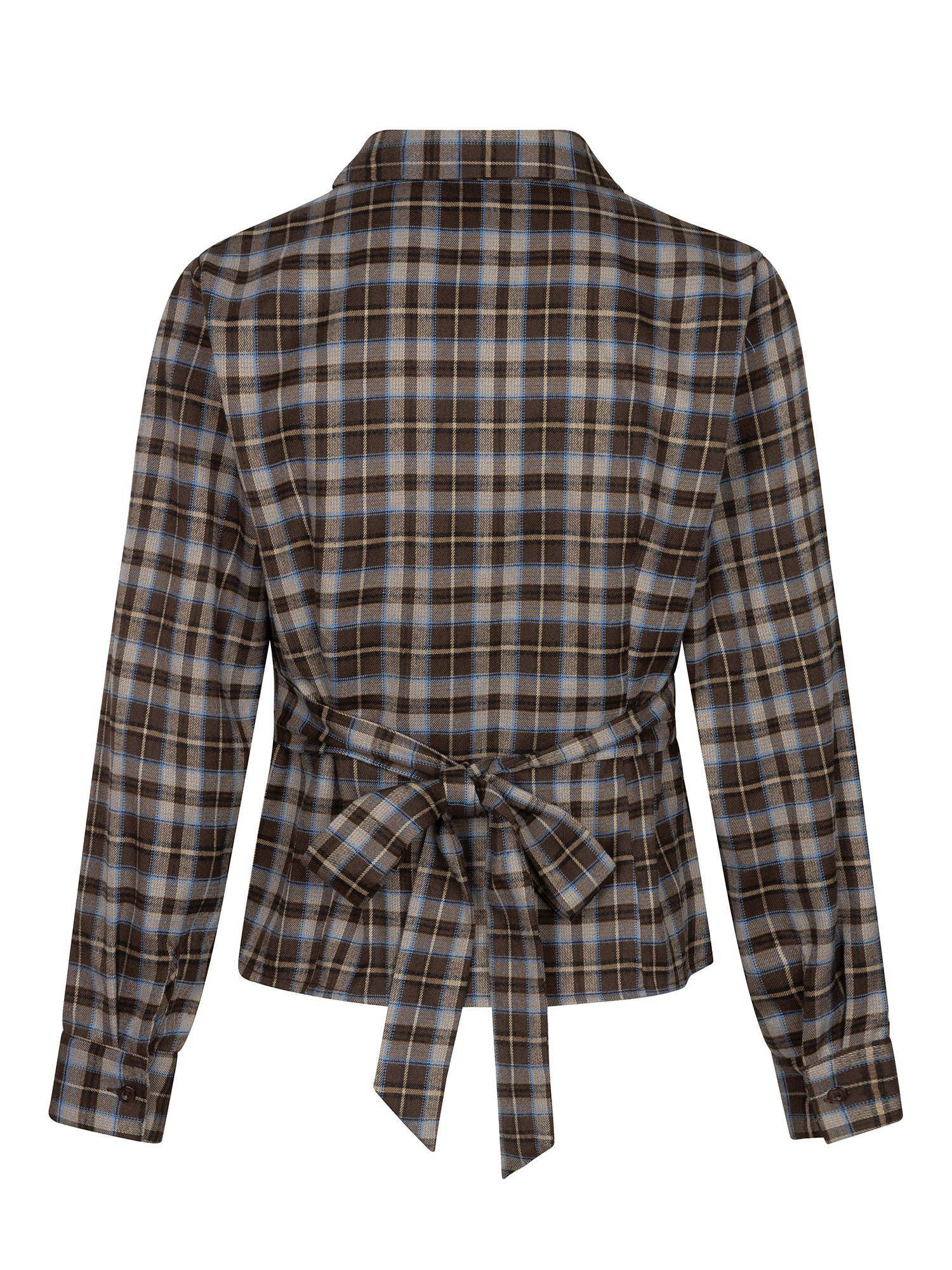 Achterkant van een blouse in bruin-blauwe ruit, vrijstaand gefotografeerd op een witte achtergrond | Ydence Tamila | Jo&Co Club