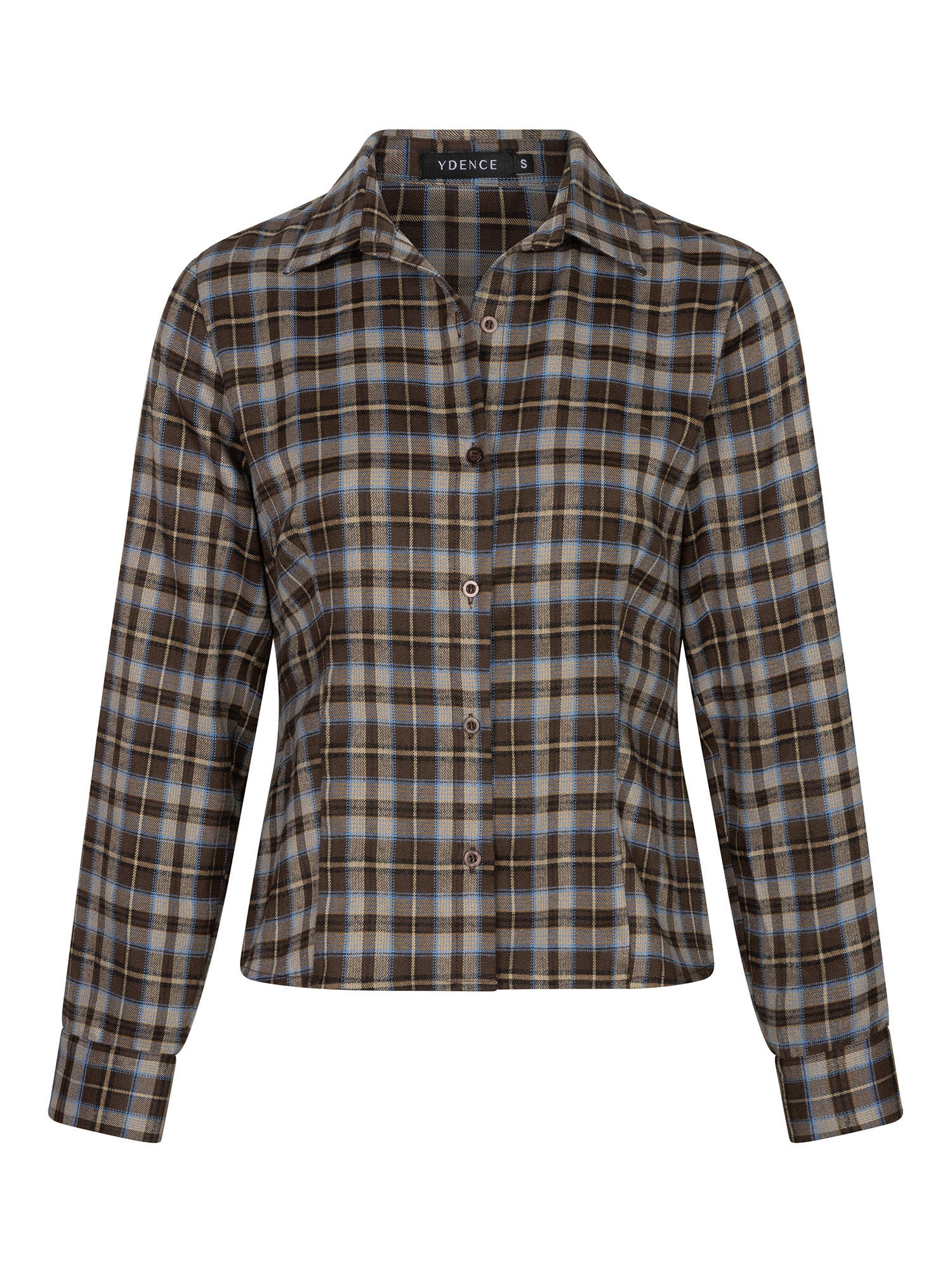 Vrijstaande productfoto van een blouse in bruin-blauwe ruit op een witte achtergrond | Ydence Tamila | Jo&Co Club
