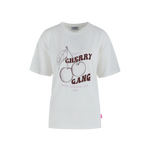 Fluresk t-shirt wit met rode cherry print er op met de tekst cherry gang