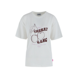 Fluresk t-shirt wit met rode cherry print er op met de tekst cherry gang