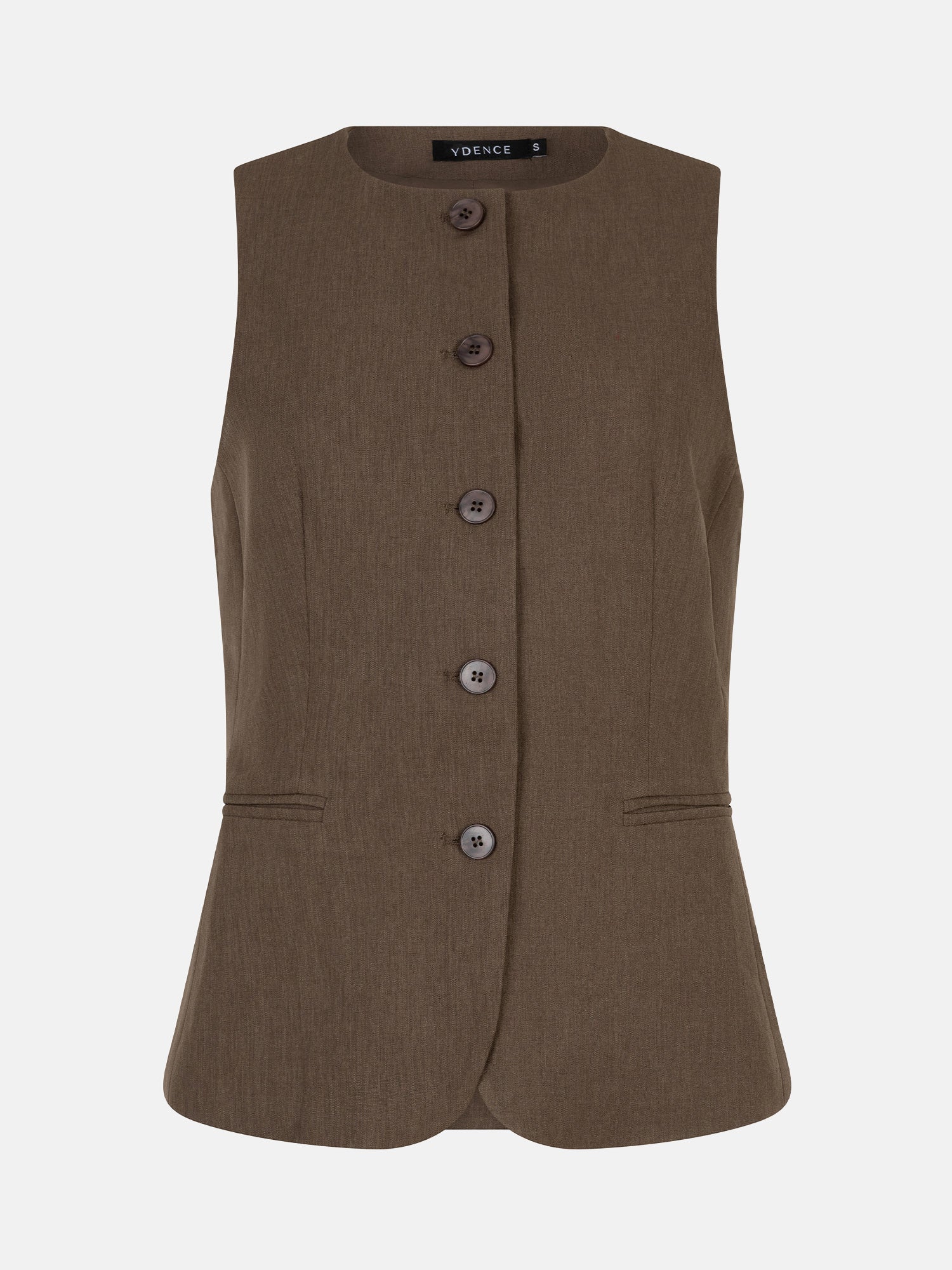 productfoto van de voorkant van het mellie gilet van ydence in de kleur mud.