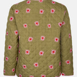 Productfoto van de achterkant van het robylin jacket van ydence in een groene kleur met rode en roze hartjes.