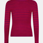 Productfoto van de achterkant van de knitted devina top van ydence, fuchsia en rood gestreept.