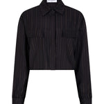 productfoto van de viola blouse van lofty manner in zwart met gouden krijtstreep.