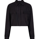 productfoto van de viola blouse van lofty manner in zwart met gouden krijtstreep.