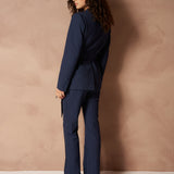 Blazers Ilana - Pinstripe Tailored Dark Blue – Krijtstreep blazer met ceintuur, van achteren | Jo&Co Club