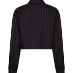 productfoto van de viola blouse van lofty manner in zwart met gouden krijtstreep.