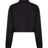 productfoto van de viola blouse van lofty manner in zwart met gouden krijtstreep.