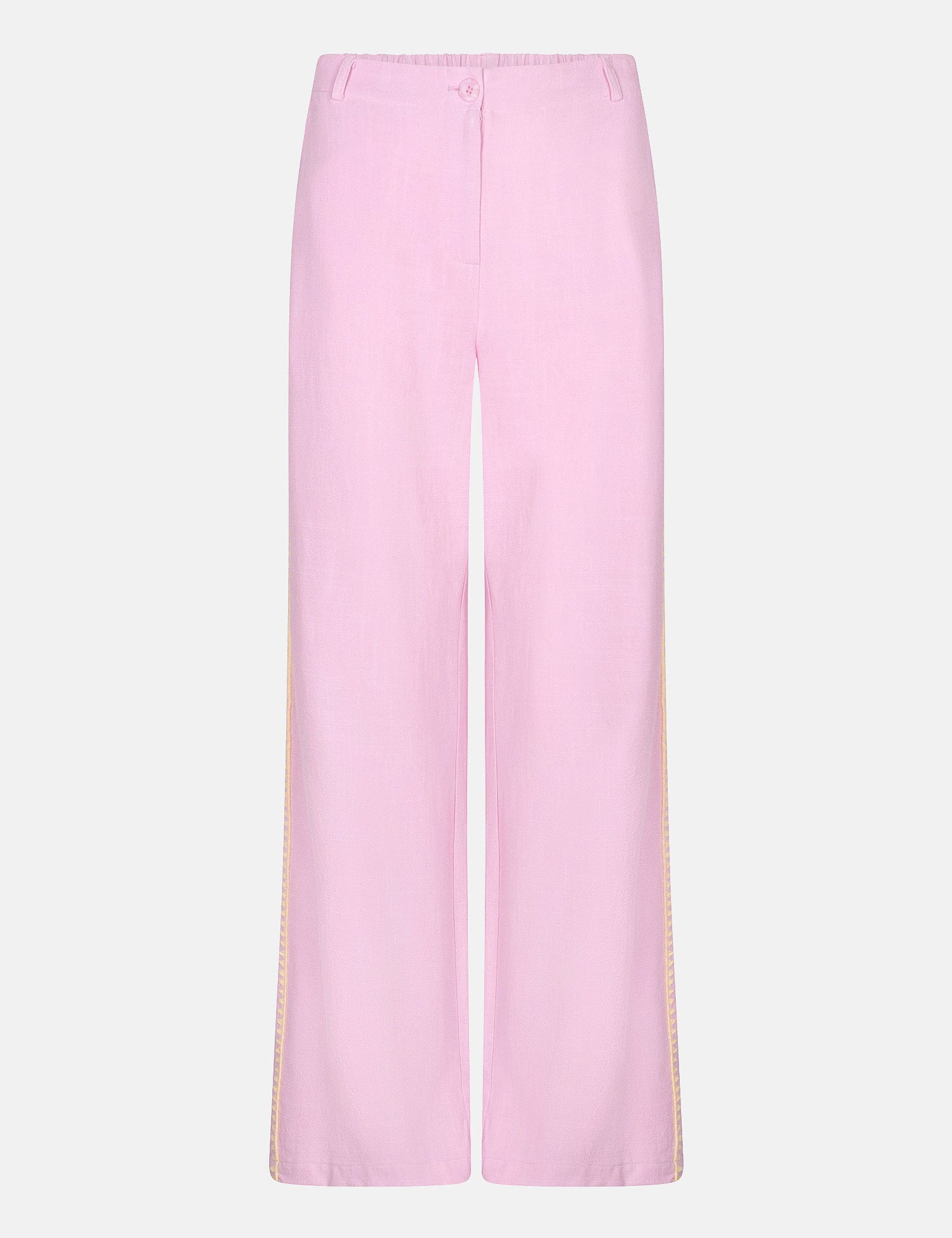Vrijstaande productfoto van een lichtroze broek met wijde, rechte pijpen | Ydence Kaya | Jo&Co Club