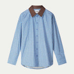 Productfoto van de geruite blouse plat gefotografeerd, met bruine kraag en knoopsluiting.