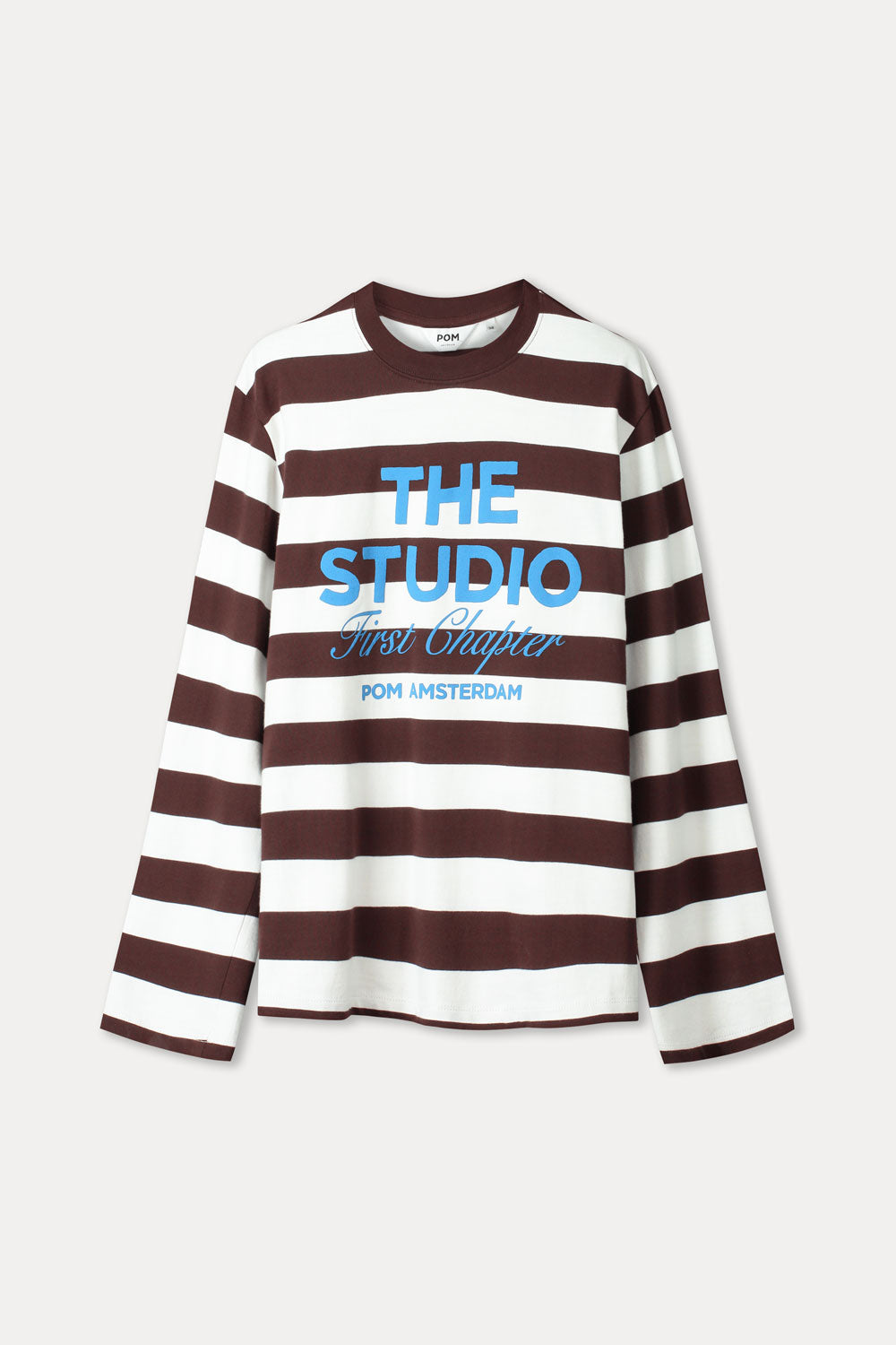 Productfoto van de gestreepte longsleeve plat gefotografeerd met de blauwe print.
