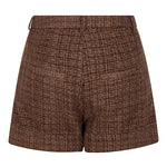Close up van de achterkant van de aziza short met tweed in een bruine kleur.