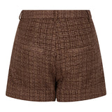 Close up van de achterkant van de aziza short met tweed in een bruine kleur.