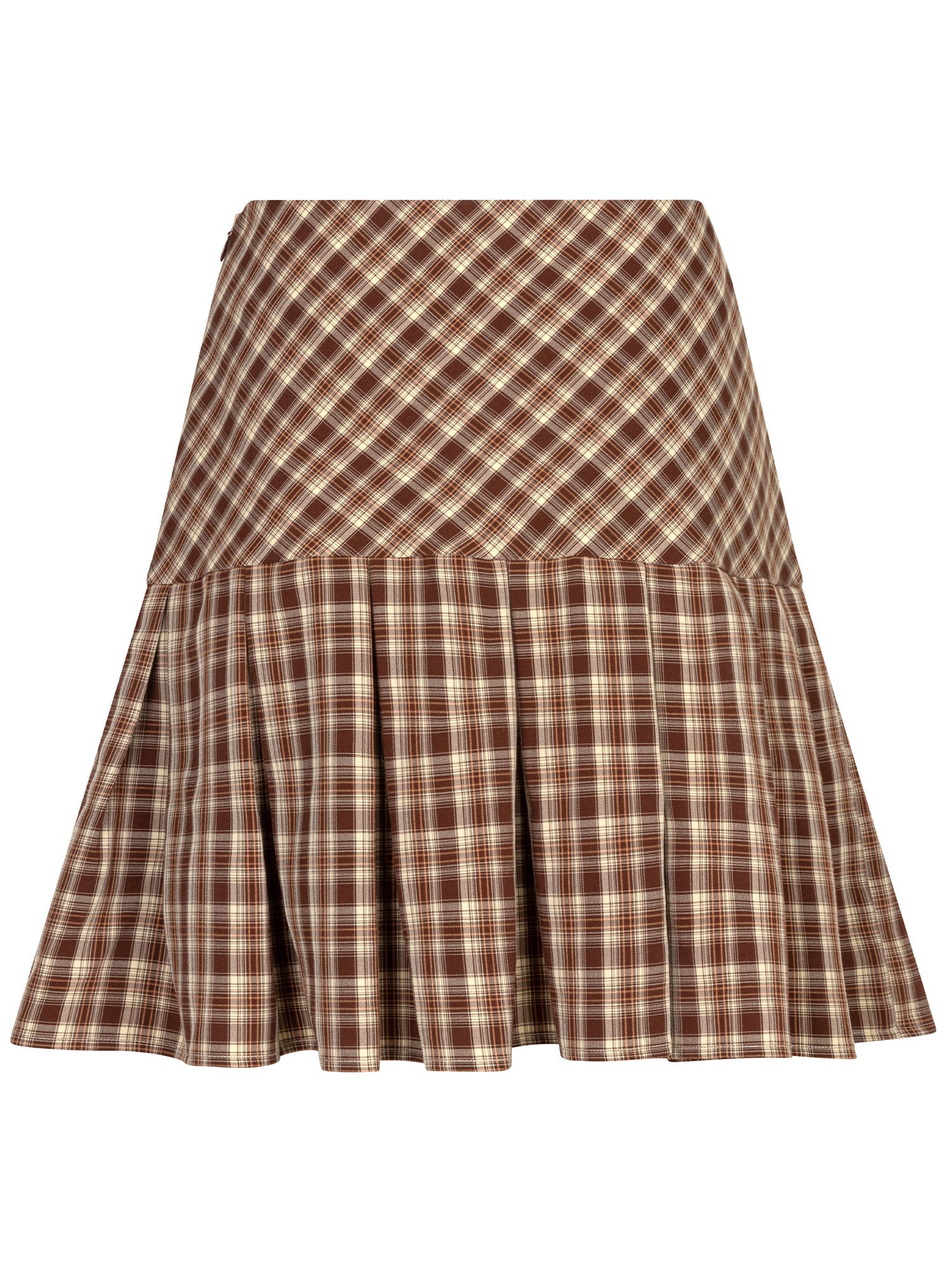Achterkant van een rok in bruine ruit, vrijstaand gefotografeerd op een witte achtergrond | Ydence Molly | Jo&Co Club