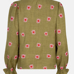 Productfoto van de achterkant van de ydence philou blouse in groene kleur met bloemen borduursel.