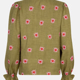 Productfoto van de achterkant van de ydence philou blouse in groene kleur met bloemen borduursel.