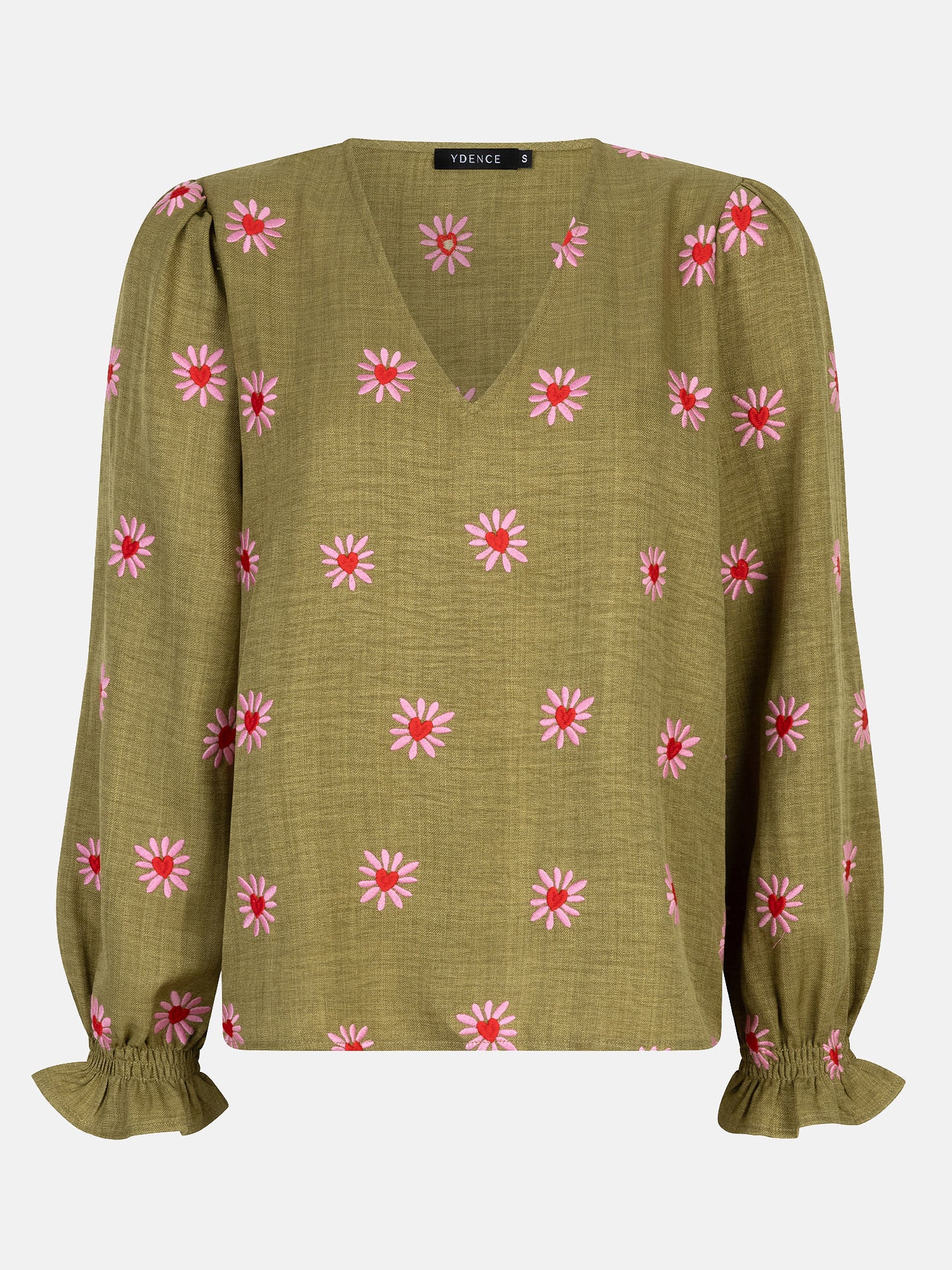 Productfoto van de voorkant van de ydence philou blouse in groene kleur met bloemen borduursel.