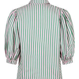 Achteraanzicht van de Ydence Annie blouse met pofmouwen en roze-groene strepen – casual en opvallend design.