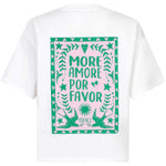 Achterzijde van het Ydence T-shirt met kleurrijke backprint “More Amore Por Favor".