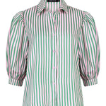 Ydence Annie blouse met roze-groene verticale strepen, pofmouwen en knoopsluiting – zomerse damesblouse.